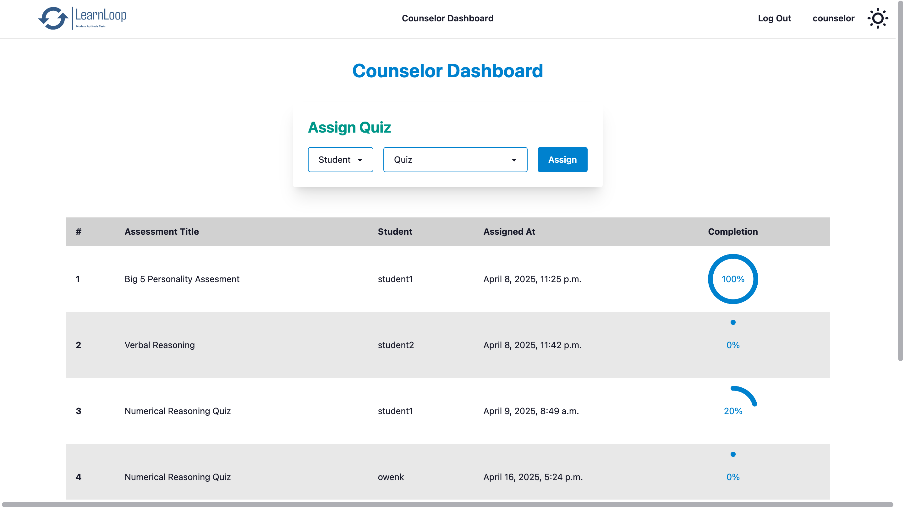 Counselor dashboard with assigned quizzes